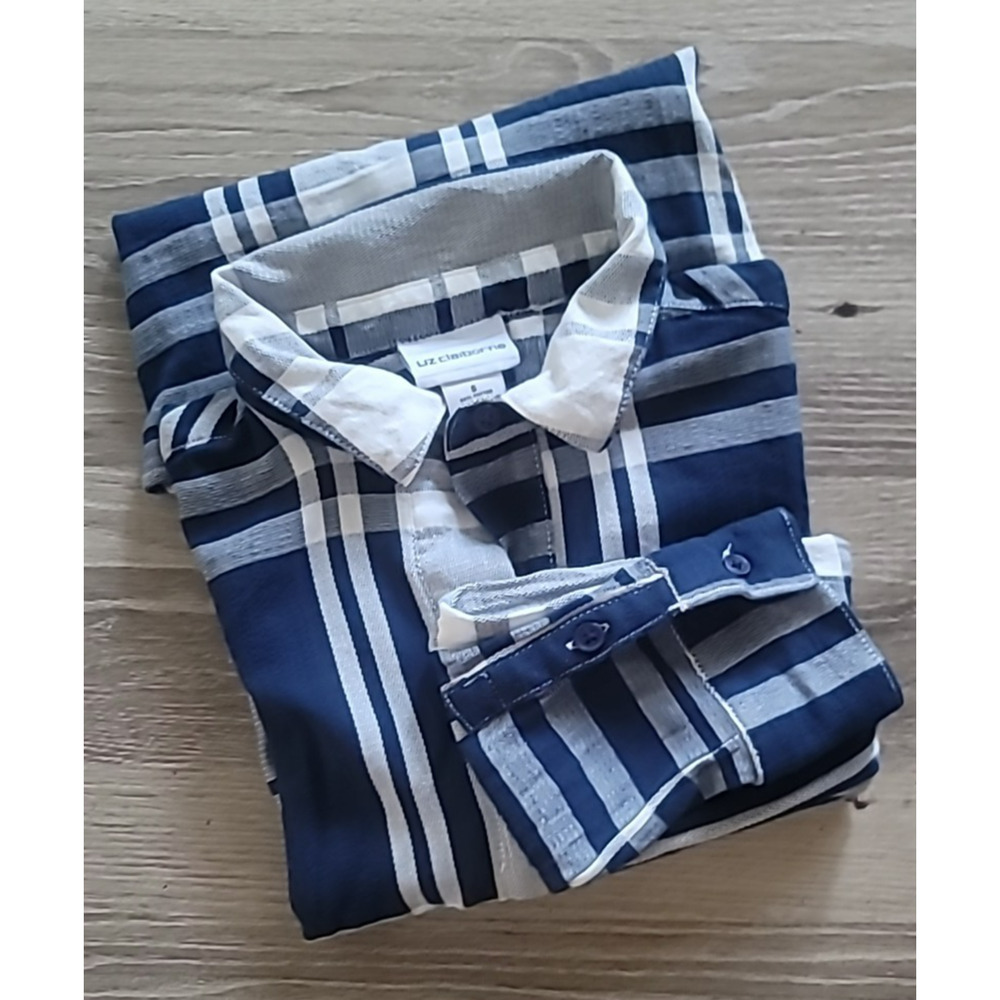 Liz Claiborne Women Shirt Stripes Plaid Navy Blue White Long Sleeve Top Size S